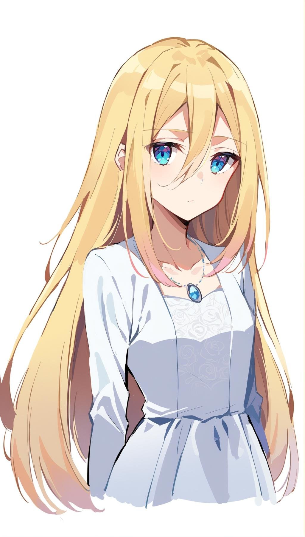 1girl, rachel gardner, satsuriku no tenshi, solo, long hair, blonde hair, blue eyes, white background, hair between eyes, necklace,looking at viewer, upper body,simple background, collarbone,closed mouth,wedding dress, very long hair,<lora:rachelgardner-000013:0.9> 