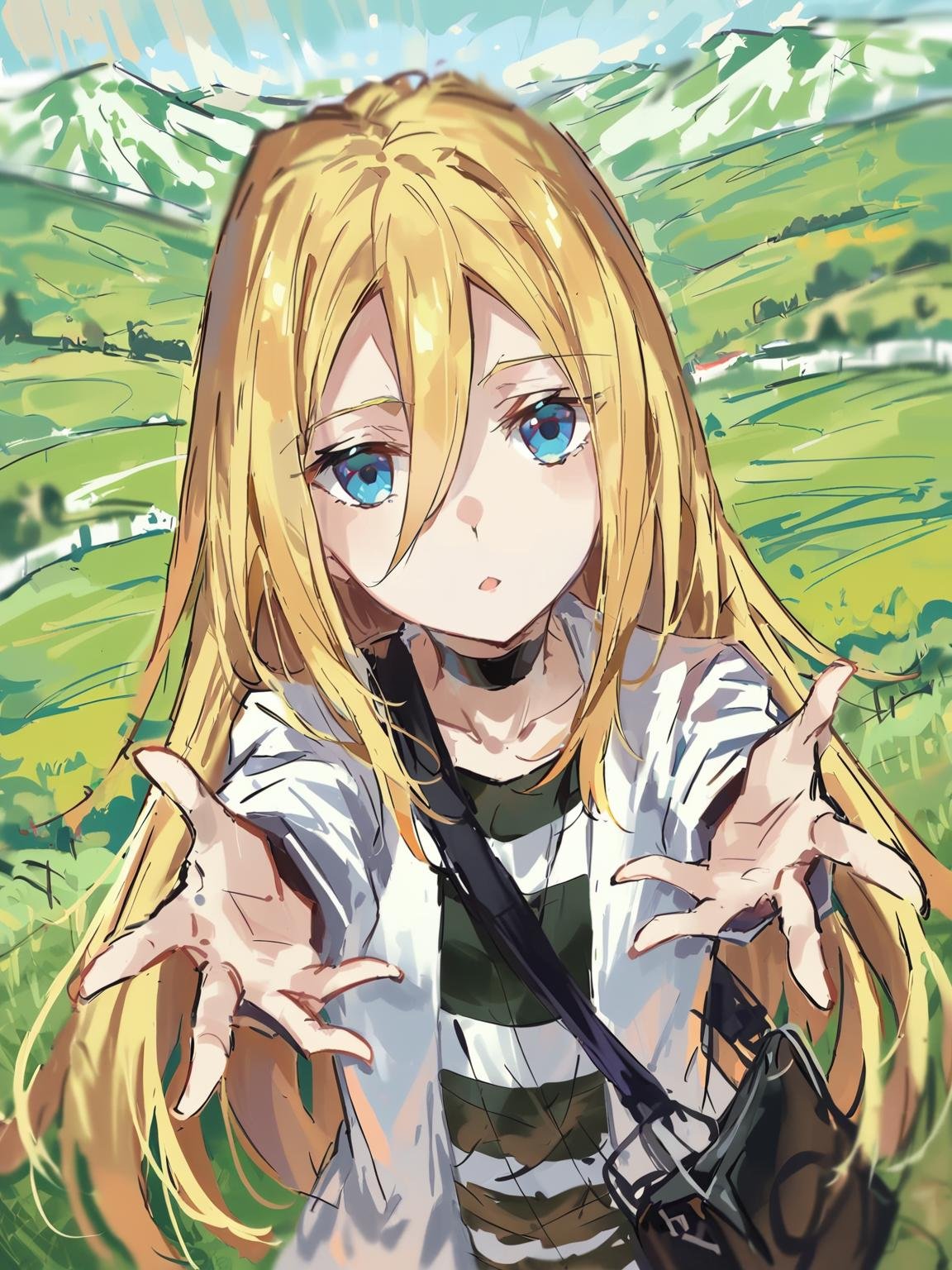 sketch,oil painting, blurry, blurry foreground, depth of field,reaching towards viewer, 1girl, rachel gardner, satsuriku no tenshi, collarbone, long hair, blonde hair,hair between eyes,striped shirt,blue eyes,white jacket,open jacket,black choker,bag,A hilltop with a panoramic view of the lush green valley below.,<lora:rachelgardner-000013:0.9> <lora:LightOilPainting:0.85>