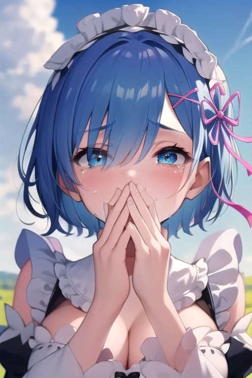 masterpiece, best quality, ultra detailed, high-resolution, 8k, detailed beautiful face and eyes,
one woman,crying,flushed cheeks, outdoor, sky, Tears of Joy, (squinted eyes:1.2), wind, 

aarem, short hair, maid headdress, x hair ornament, hair ribbon, hair over one eye, large breasts, frills, neck ribbon, cleavage, dress, detached sleeves, white apron, waist apron, white pantyhose,covering mouth with hands