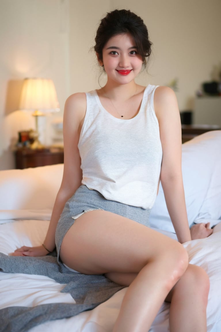 
best quality, masterpiece, (photorealistic:1.4), 1girl, light smile, wearing a white cotton sleeveless shirt and micro cotton shorts, best quality, masterpiece, ultra high res, (photorealistic:1.4), intricate details, (looking at viewer:1.4), full body, visible legs, dramatic lighting, indoor, sitting on the bed, @imageized