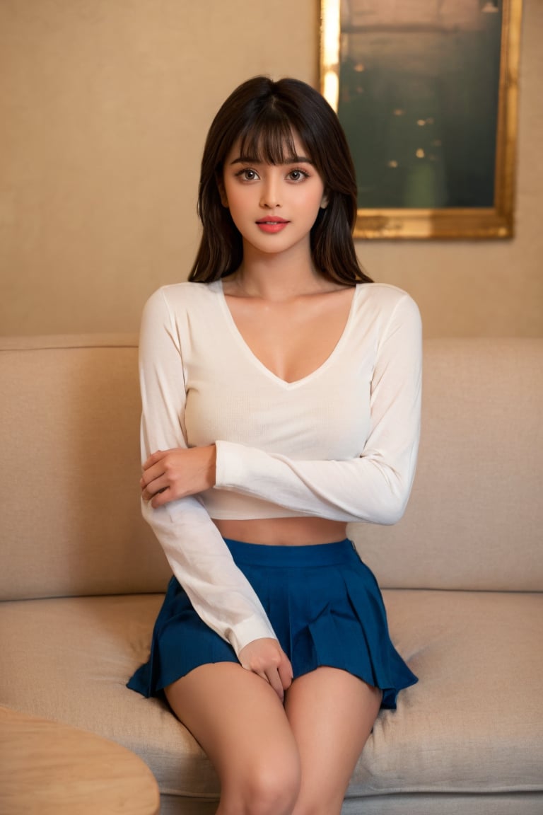 1girl, solo, long hair, breasts, looking at viewer, blush, bangs, skirt, shirt, black hair, long sleeves, brown eyes, medium breasts, sitting, collarbone, white shirt, thighs, pleated skirt, parted lips, indoors, miniskirt, blue skirt, book, feet out of frame, crossed arms,indoors, couch, on couch, @imageized