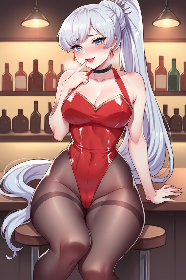 score_9, score_8_up, score_7_up, score_6_up, score_5_up, rating_explicit, (perfect hands:1.2), 2d, anime style, 1girl, weiss_schnee, blue eyes, white_hair, pony_tail, lipstick, cute, eye_scar, , :o, blush, looking at viewer, breast, wide hips, narrow waist, red leotard, fishnets, brown pantyhose, head hearts, heart-shaped pupils, heavy breathing, black choker , sitting in bar , sitting .