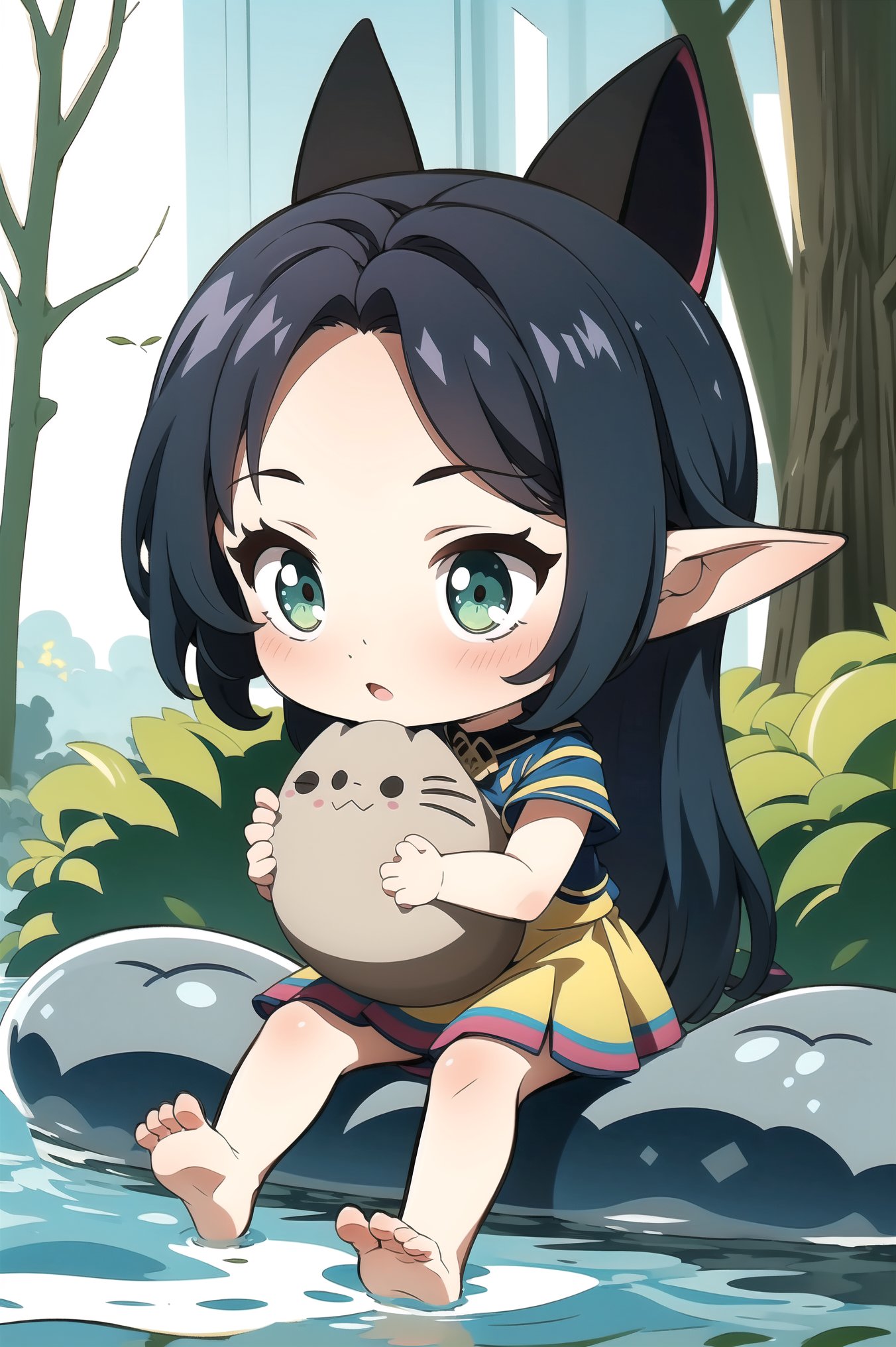 Best quality,masterpiece,chibi,1girl,Pusheen,longhair,water,solo,elf,sitting,halfbody,whitehair,greeneyes,toelesslegwear,barefoot,jewelry,nature,(sunlight),river,(forest),cute,adorable,brightly colored,cheerful,anime influence,highly detailed,