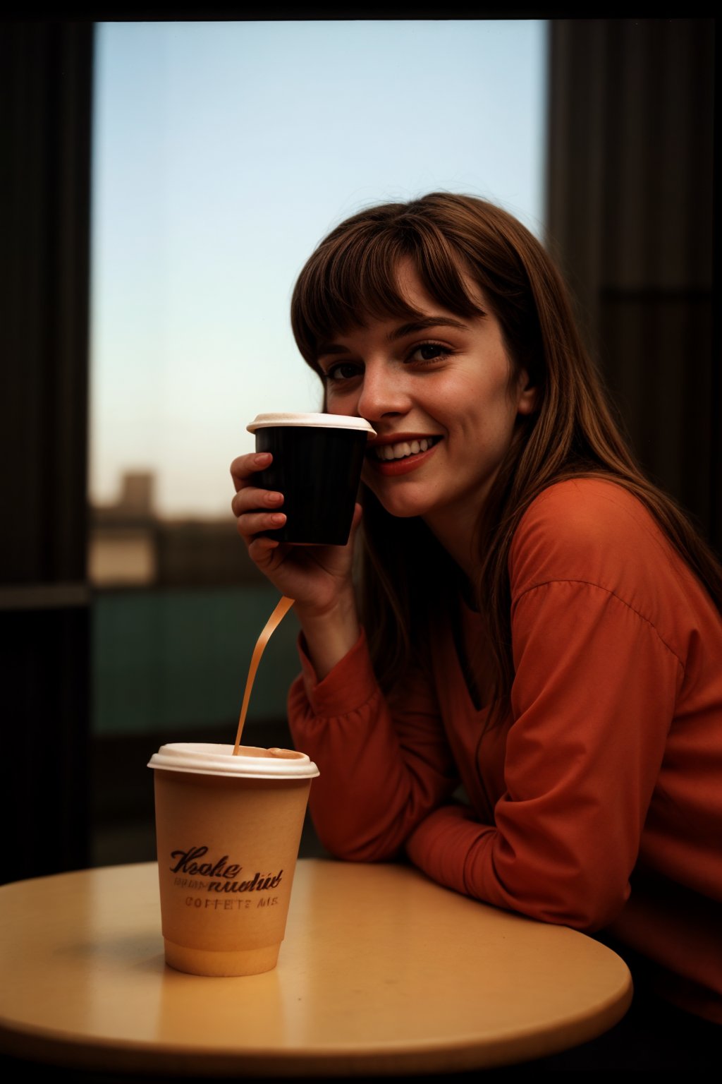 pov, 1girl, outside, cafe, sitting in chair, table photograph, realistic, wearing blouse, photo realistic, photo realism, correct anatomy, photo realism, DSLR, 8k uhd, hdr, ultra-detailed, high quality,nodf_lora,photorealistic, michelle angelo, eye contact, center frame,REALISTIC, smiling, upper body, drinking coffee, faded film, desaturated, 35mm photo, grainy, vignette, vintage, Kodachrome, Lomography, stained,