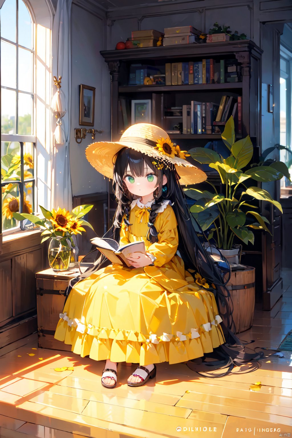 1girl, bird, flower, long hair, grapes, black hair, sitting, solo, green eyes, pillar, fruit, book, hair ornament, food, hat, plant, dress, jewelry, long sleeves, green dress, vase, braid, railing, column, very long hair, book stack, watermark, beads, full body, sunflower, yellow dress, tassel, leaf