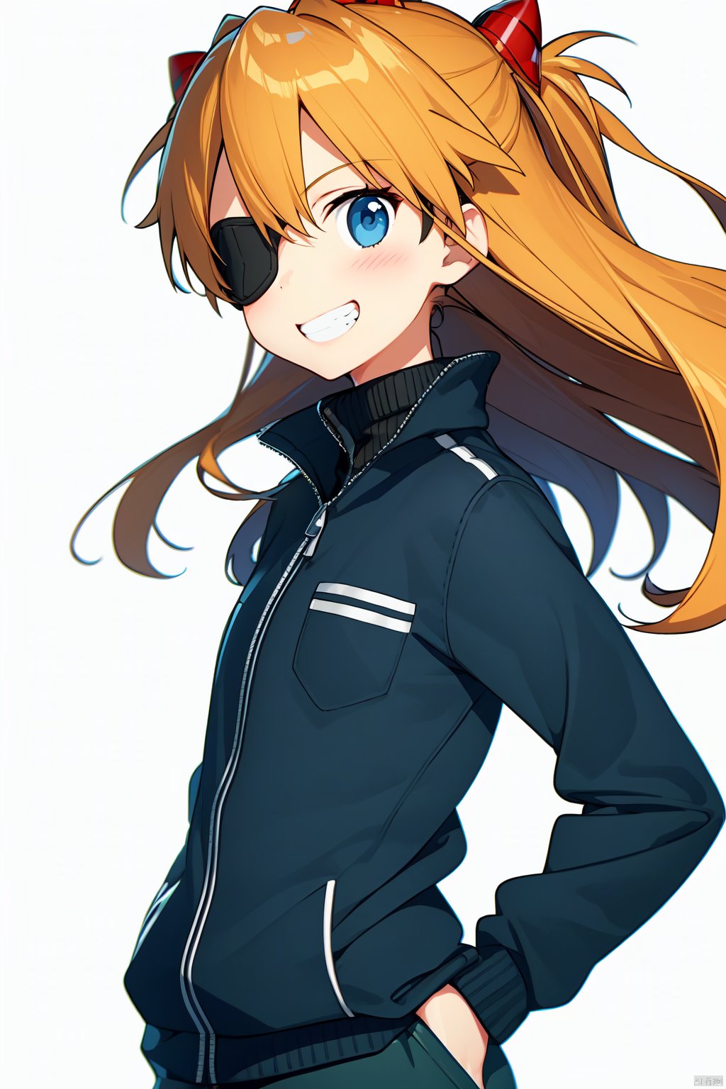 1girl, bangs, bodysuit, cowboy_shot, eyepatch, floating_hair, from_side, grin, hand_in_pocket, hands_in_pockets, jacket, long_hair, long_sleeves, looking_at_viewer, orange_hair, parted_bangs, simple_background, smile, solo, souryuu_asuka_langley, standing, teeth, turtleneck, white_background