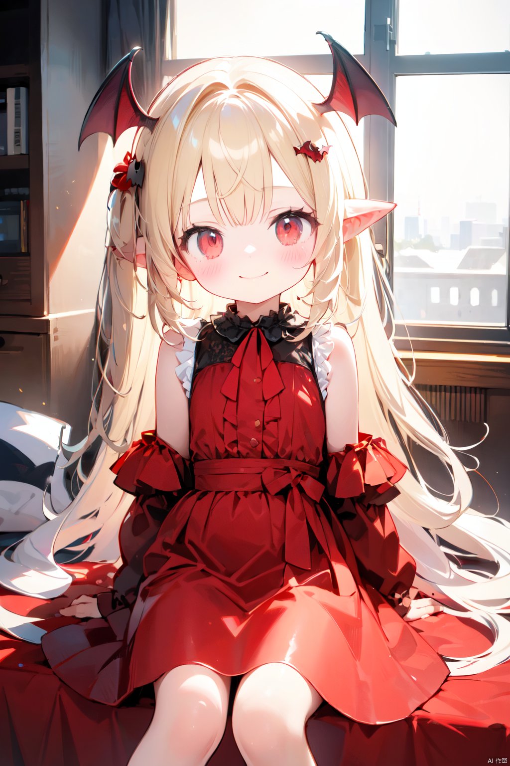 (loli:1.2),(petite:1.2),sitting,masterpiece, {highres},((ultra-detailed)),(detailed light),ray tracing,{an extremely delicate and beautiful},1girl,loli,(blonde clothes:1.2),(red clothes:1.2),white clothes,bangs,blue bat wings,detached sleeves, hair ornament, head wings, long hair, looking at viewer, pointy ears,red eyes, smile, solo,