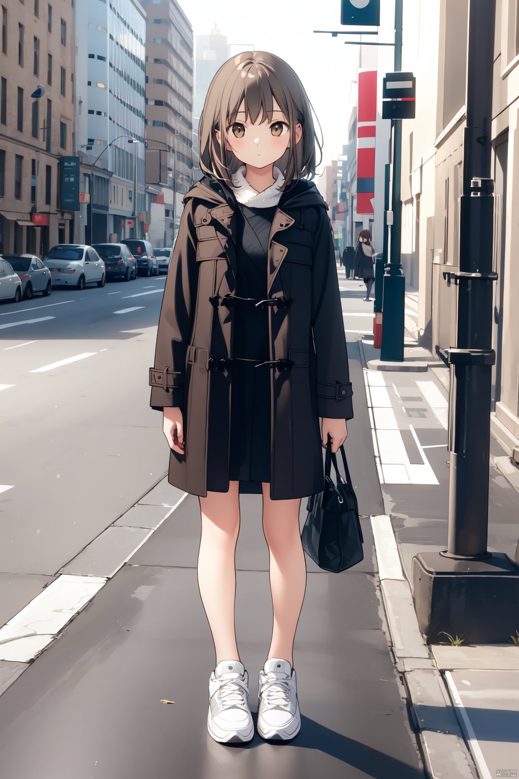 1girl, solo, looking at viewer, bangs, skirt, brown hair, long sleeves, brown eyes, closed mouth, standing, jacket, full body, grey hair, outdoors, open clothes, shoes, hood, medium hair, bag, coat, white footwear, hood down, sneakers, open coat, black coat