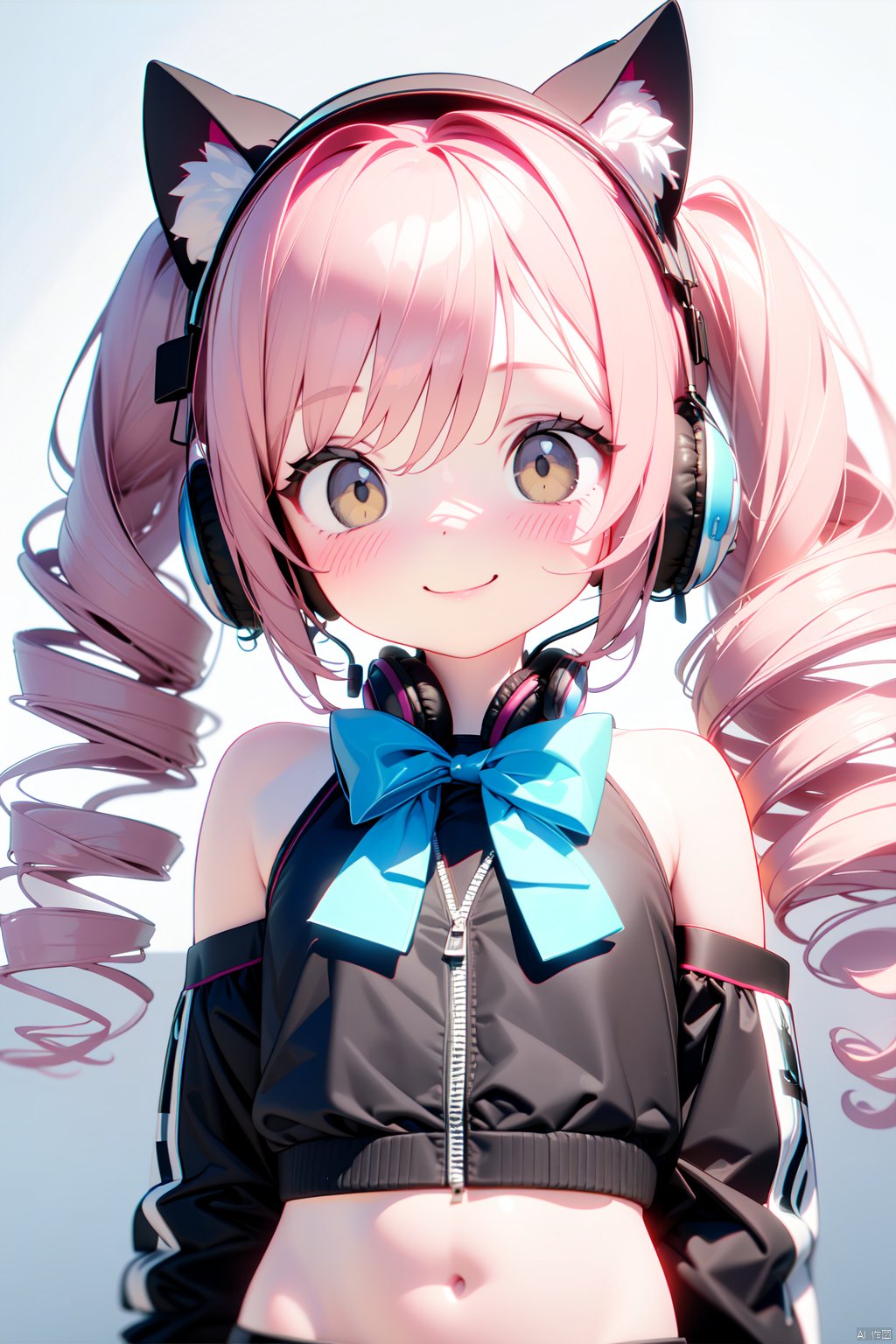 loli,1girls, bare_shoulders, bow, bowtie, cat_ear_headphones, drill_hair, hand_on_headphones, headphones, headset, long_hair, looking_at_viewer, midriff, multiple_girls,pink_hair, smile, twin_drills