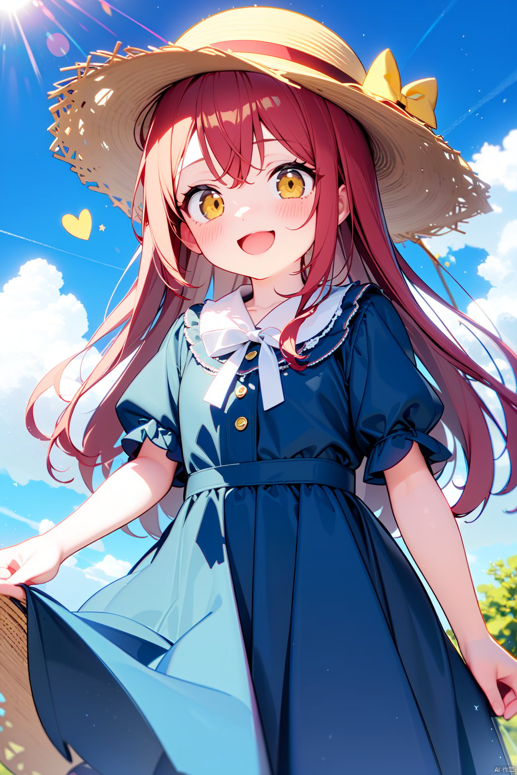 1girl, alternate_costume, bangs, blue_dress, blue_sky, blush, bow, cloud, day, dress, hat, hat_bow, heart, long_hair, open_mouth, outdoors, red_hair, short_sleeves, sky, smile, solo, star_\(symbol\), straw_hat, sun_hat, yellow_eyes