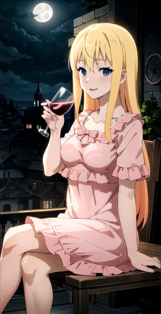 DarknessV2, 1girl, solo, pink nightgown, hair down, smile, sitting on balcony, drinking wine, night, moonlight, perfect quality, good quality, masterpiece, HDR, UHD <lora:Darkness V2-000003:0.6>