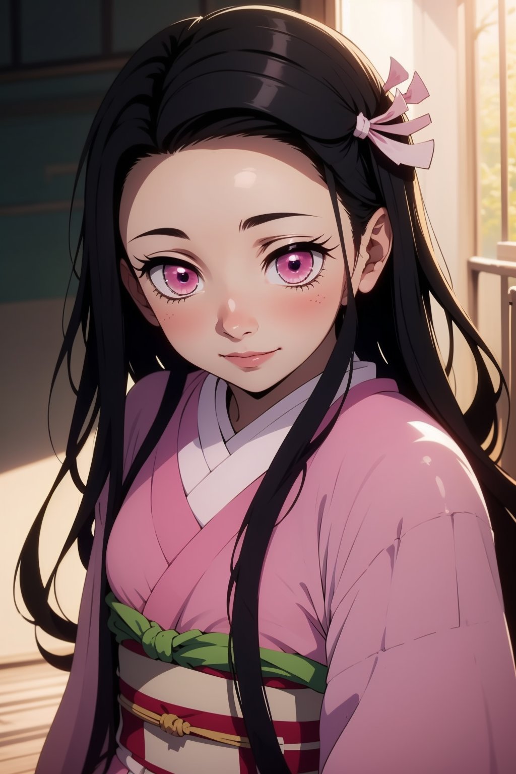 nezuko, 1girl, black hair, forehead, hair ribbon, japanese clothes, kimono, long hair, multicolored hair, pink eyes, pink kimono, pink ribbon, ribbon, smile, very long hair