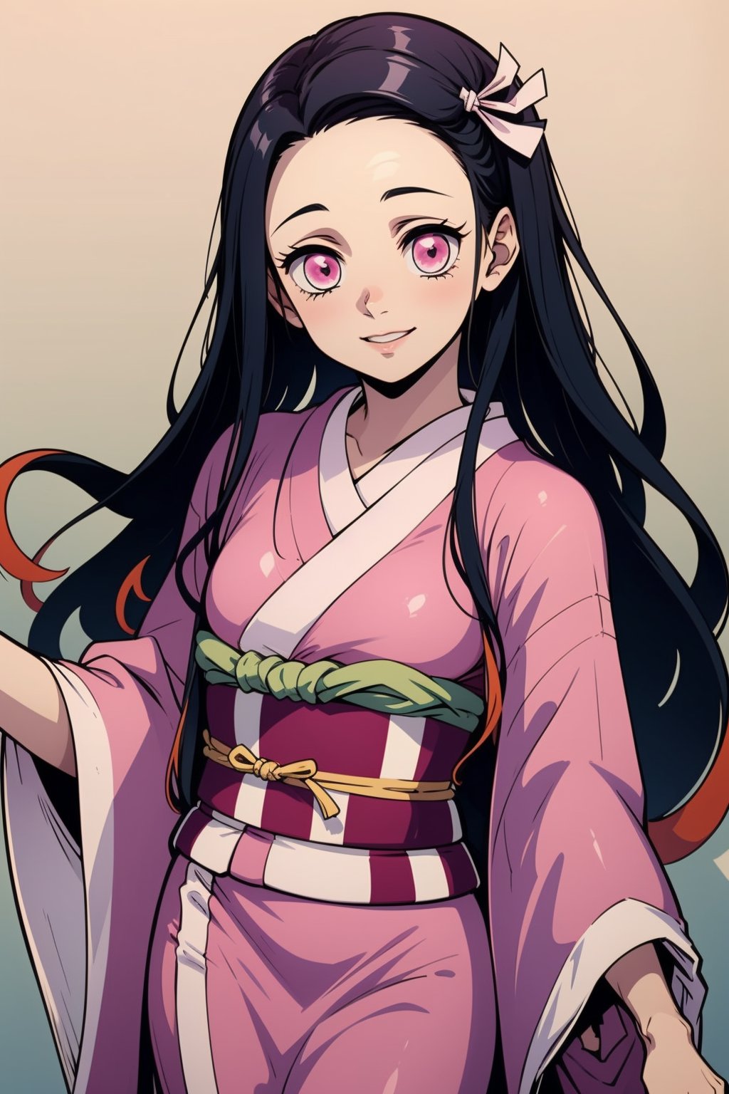 nezuko, 1girl, black hair, forehead, hair ribbon, japanese clothes, kimono, long hair, multicolored hair, pink eyes, pink kimono, pink ribbon, ribbon, smile, very long hair