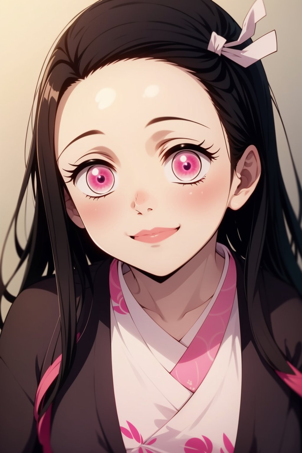 nezuko, 1girl, black hair, forehead, hair ribbon, japanese clothes, kimono, long hair, multicolored hair, pink eyes, pink kimono, pink ribbon, ribbon, smile, very long hair