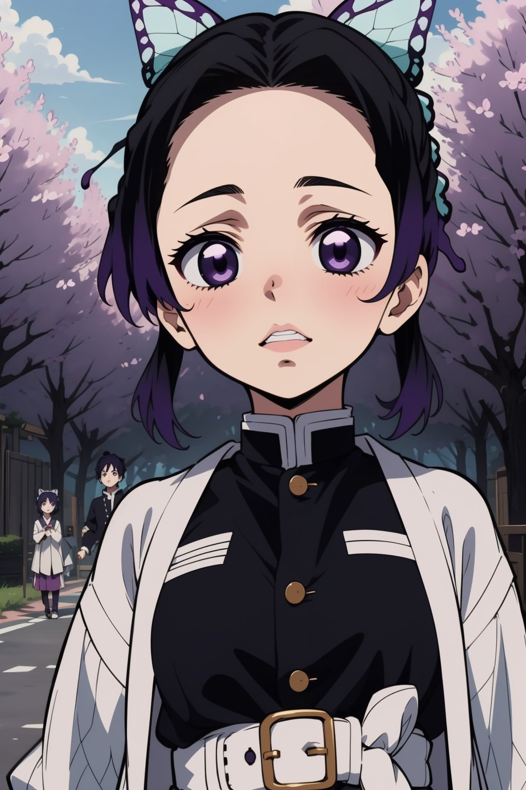 kochou shinobu, multicolored hair, no bangs, hair intakes, purple eyes, forehead, black shirt, black pants, haori, butterfly, buttons, belt,kochou shinobu