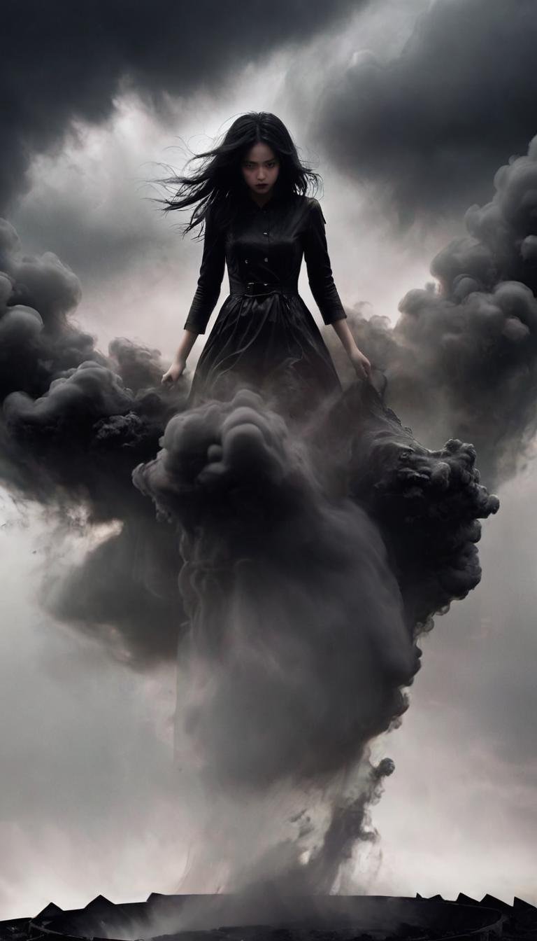 <lora:xl-shanbailing-1126darkness黑暗:0.9>,bailing_darkness,1girl,in the realm of darkness,black smoke,the girl is surrounded by dark black clouds,