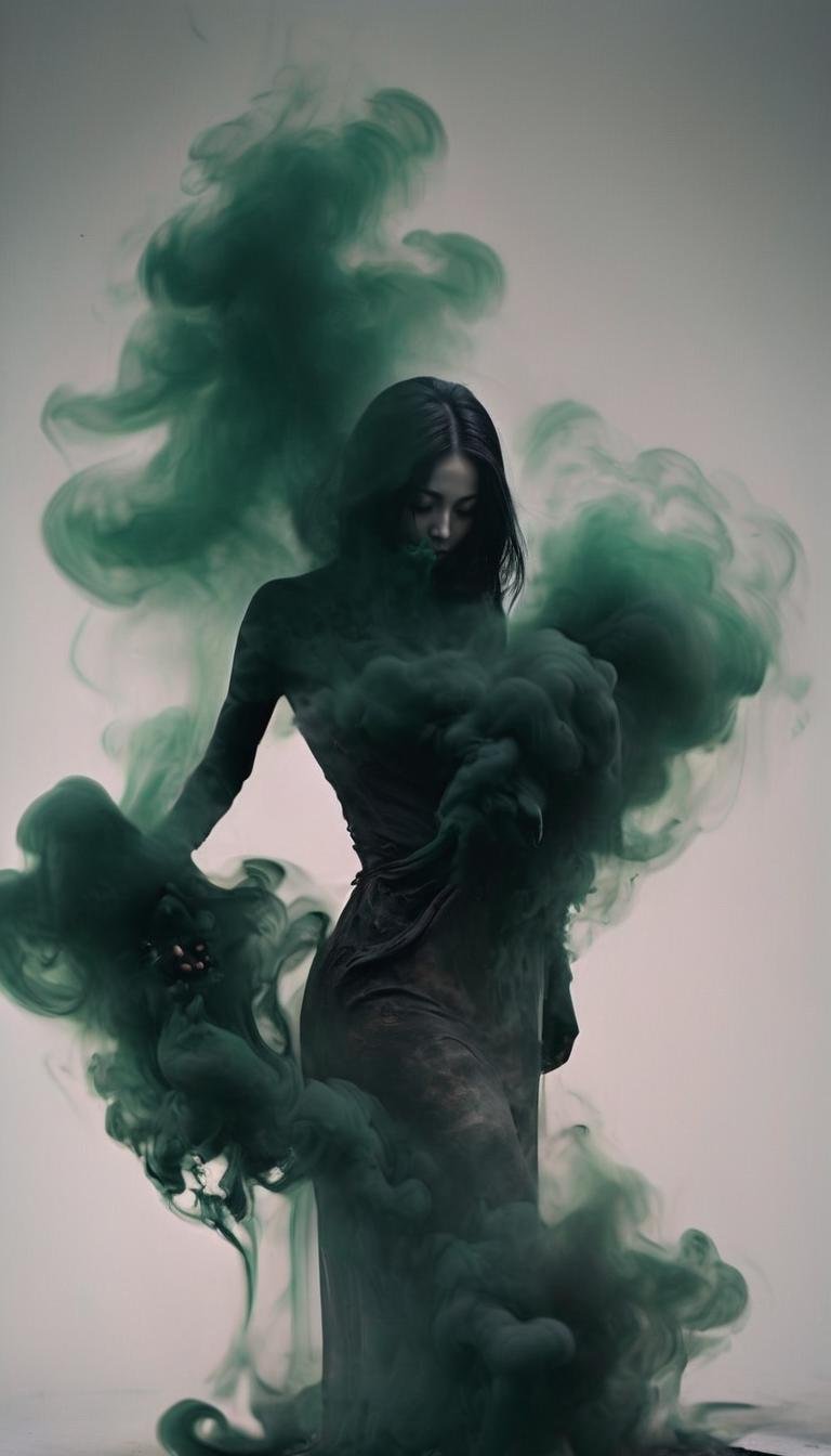 (a girl made of  black smoke),dynamic vision,<lora:xl-shanbailing-1126darkness黑暗:1>,bailing_darkness,darkgreen,