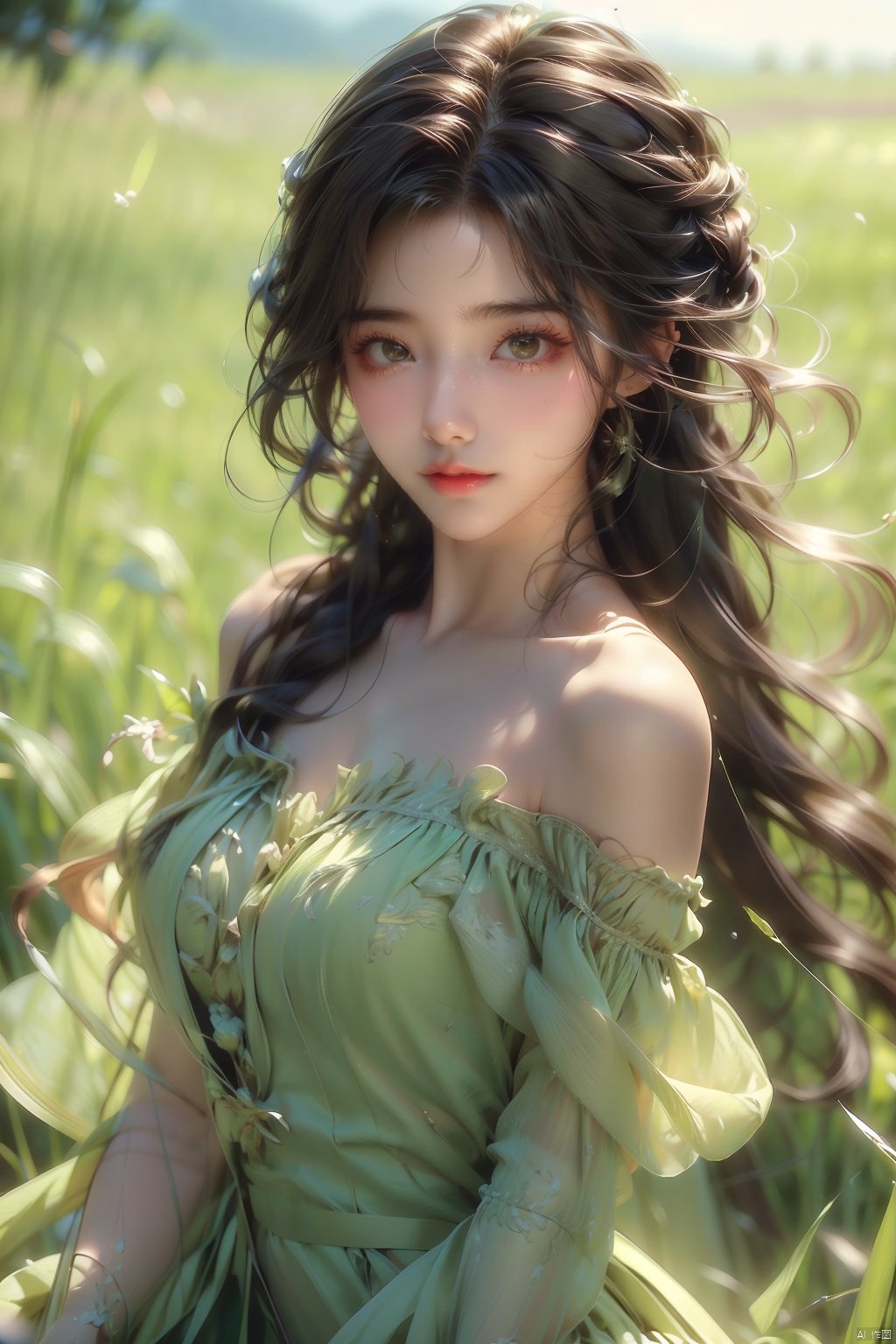  1girl, solo, dress, looking at viewer, long hair, blurry, brown hair, outdoors, blurry background, bare shoulders, upper body, realistic, grass, green dress, parted lips, day, lips, black hair, brown eyes, off shoulder