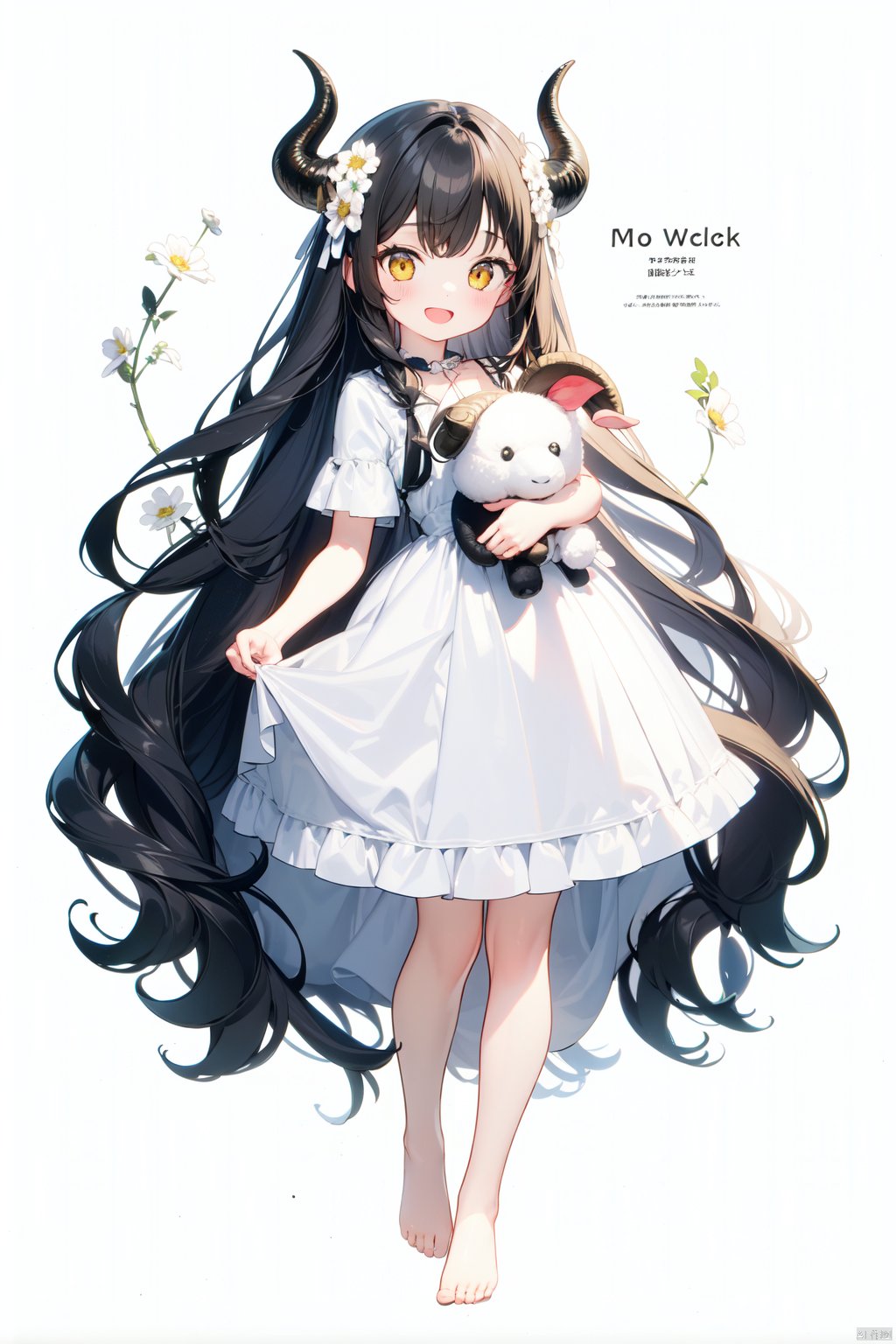 1girl, :d, barefoot, black_hair, blush, copyright_name, dress, flower, full_body, hair_flower, hair_ornament, holding, holding_animal, horns, long_hair, looking_at_viewer, open_mouth, sheep, sheep_horns, simple_background, smile, stuffed_toy, very_long_hair, white_background, white_dress, white_flower, yellow_eyes