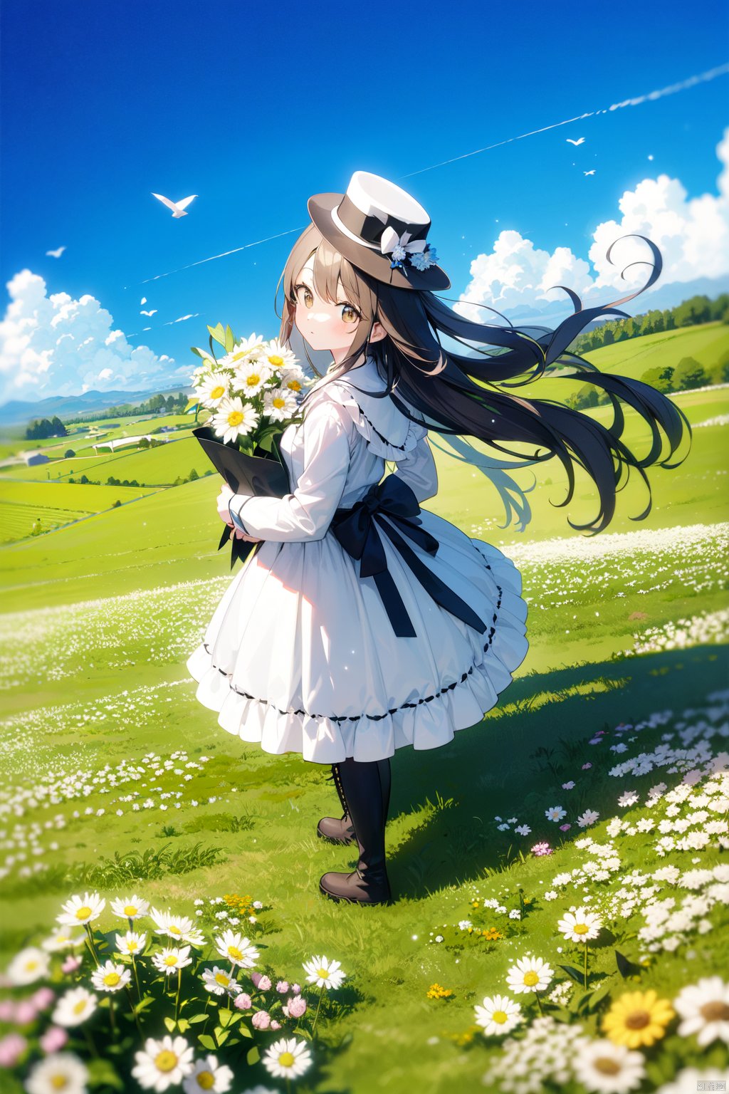 1girl, bangs, bird, black_footwear, black_headwear, blue_flower, blue_sky, blush, boots, bouquet, bow, brown_eyes, brown_hair, cloud, cloudy_sky, daisy, dandelion, day, dove, eyebrows_visible_through_hair, field, flower, flower_field, frills, full_body, hair_between_eyes, hat, holding_flower, knee_boots, leaf, leaves_in_wind, lily_\(flower\), long_hair, long_sleeves, looking_at_viewer, mini_hat, mini_top_hat, petals, shirt, skirt, sky, solo, standing, top_hat, very_long_hair, white_flower, white_rose, white_shirt, yellow_flower,from above