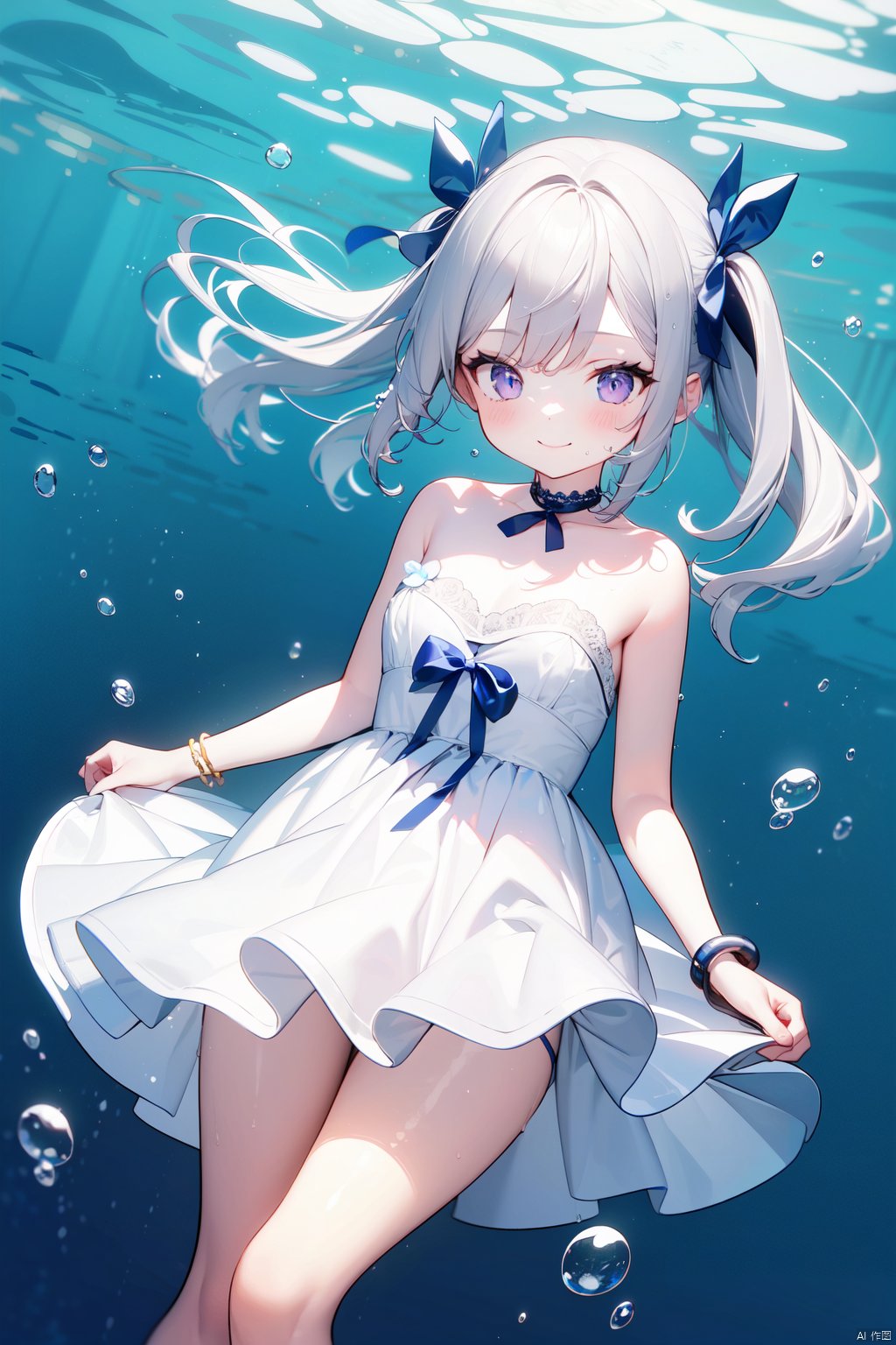 1girl, air_bubble, bangs, bare_shoulders, blue_bow, blue_flower, blue_ribbon, blush, bracelet, breasts, bubble, choker, dress, eyebrows_visible_through_hair, hair_ribbon, looking_at_viewer, purple_ribbon, ribbon, silver_hair, smile, solo, strapless, strapless_dress, underwater, wading, water, water_drop, white_dress, white_hair