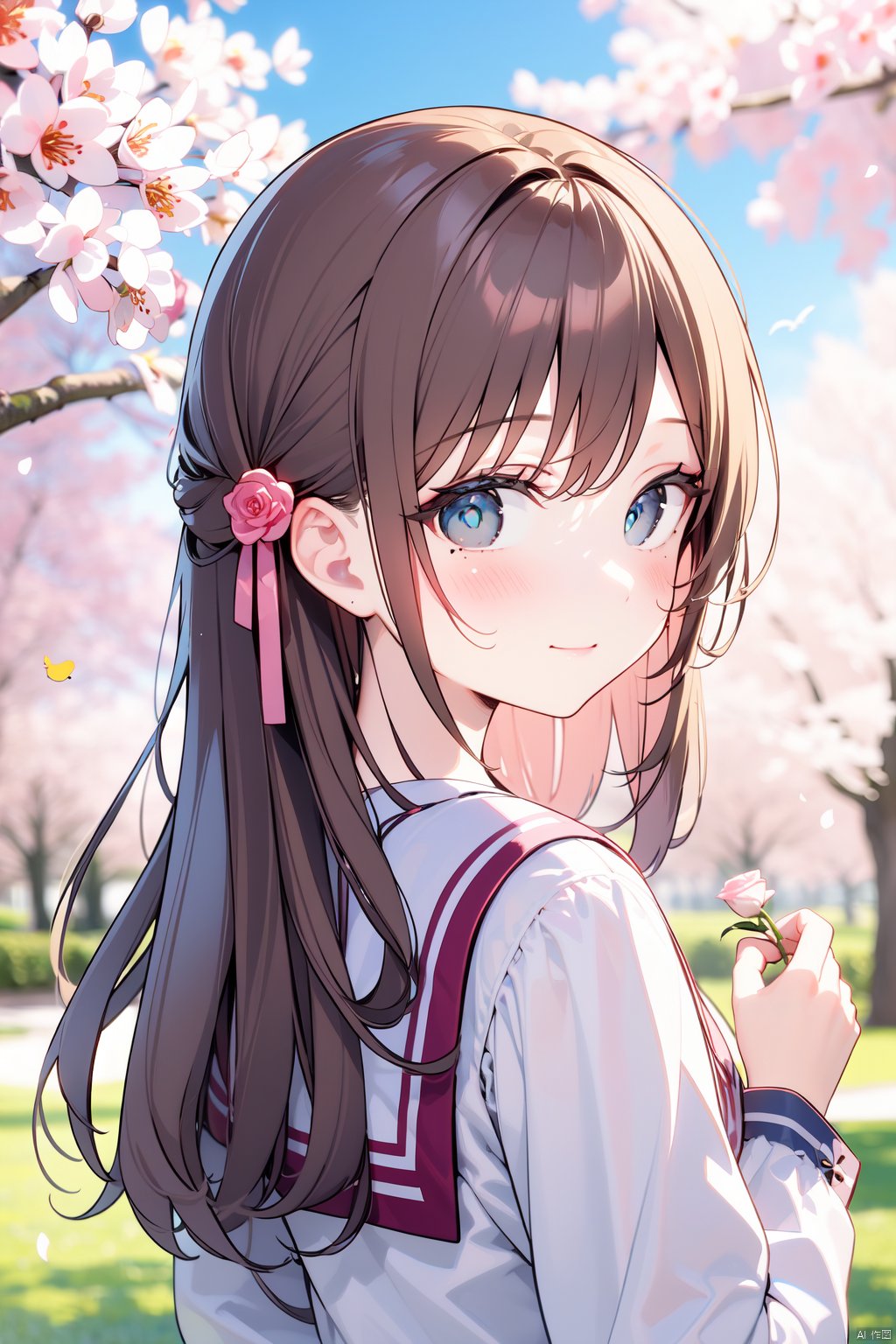 1girl, animal, bangs, bird, blue_eyes, blue_sky, blurry, blurry_background, blurry_foreground, blush, branch, brown_hair, cherry_blossoms, closed_mouth, day, depth_of_field, dove, falling_petals, flower, graduation, hair_ribbon, hanami, holding, in_tree, long_hair, long_sleeves, looking_at_viewer, mole, mole_under_eye, motion_blur, outdoors, petals, photo_\(medium\), pink_flower, pink_rose, plum_blossoms, ribbon, rose, sailor_collar, shirt, smile, solo, spring_\(season\), swing, tree, upper_body, white_flower, white_shirt