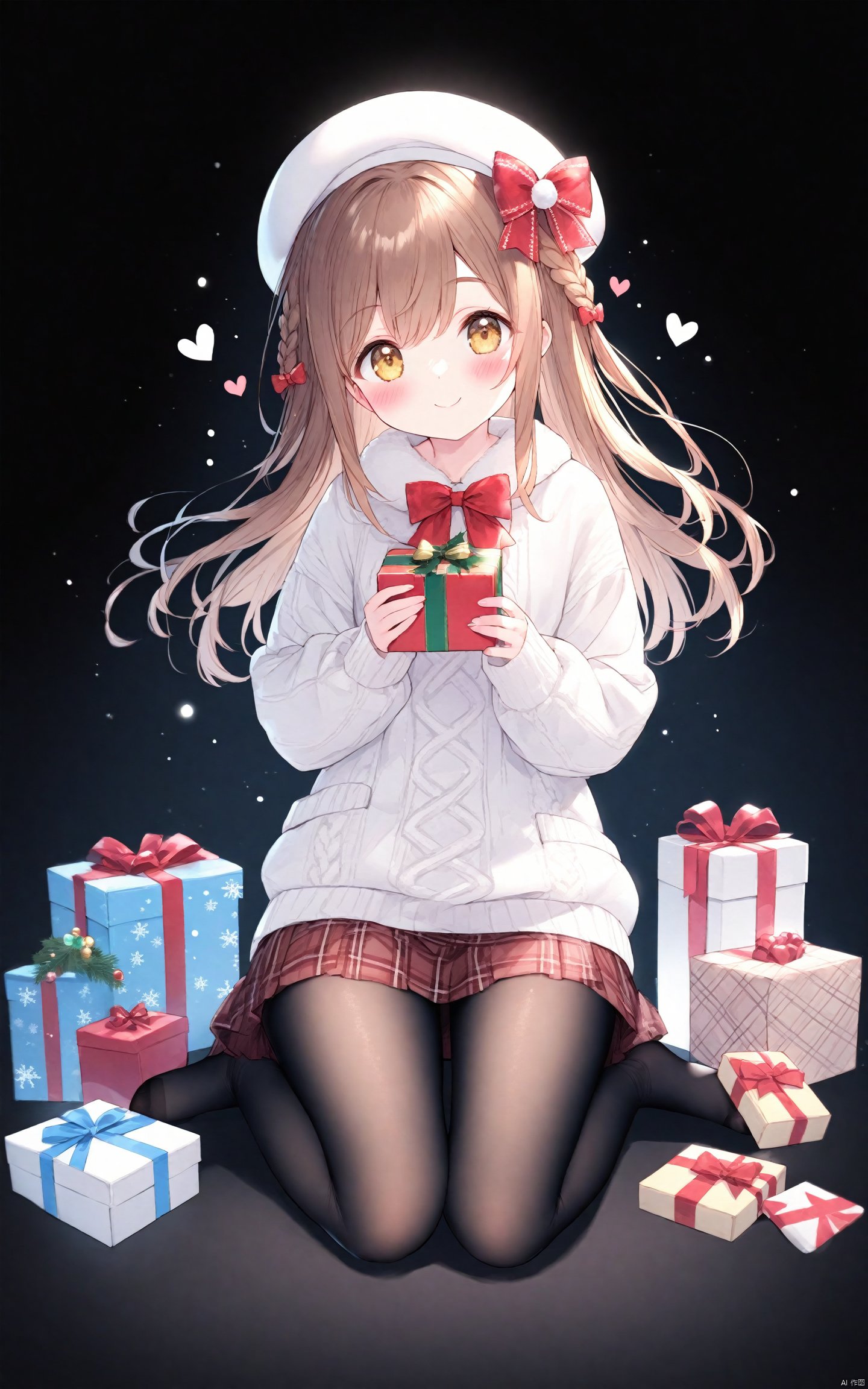  (masterpiece), (best quality), illustration, ultra detailed, hdr, Depth of field, (colorful), loli, 1girl, pantyhose, smile, brown hair, hat, blush, no shoes, looking at viewer, black pantyhose, sweater, braid, black background, long hair, heart, long sleeves, sitting, bow, skirt, merry christmas, brown eyes, kunikida hanamaru, hair bow, white headwear, beret, christmas, holding, plaid, full body, bangs, closed mouth, yellow eyes, gift, red bow, simple background