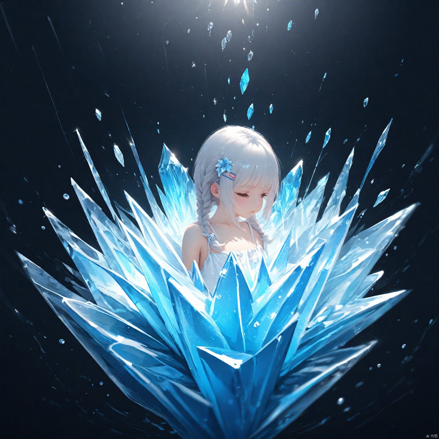 (masterpiece), (best quality), illustration, ultra detailed, hdr, Depth of field, (colorful), loli, wlop,1 girl,loli,White Dress,White short hair,braids,lily flower hair clip,upper body,cry,water,black background,Ice crystal,dappled sunlight,Suspended colorless crystal,beautiful detailed glow, (detailed ice), beautiful detailed water,