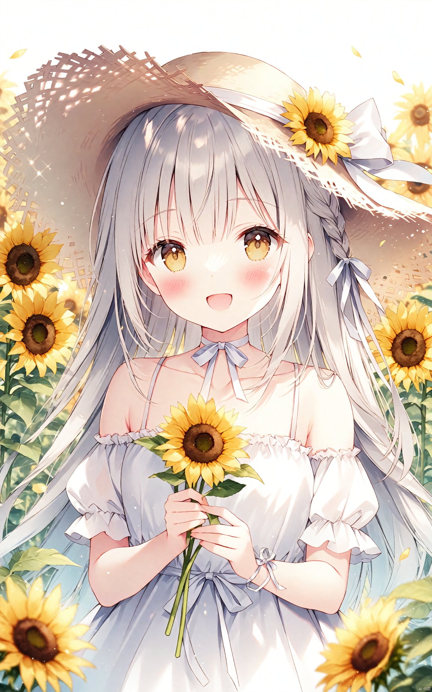  (masterpiece), (best quality), illustration, ultra detailed, hdr, Depth of field, (colorful),weri, 1girl, sunflower, flower, solo, hat, braid, long hair, dress, hat flower, smile, open mouth, looking at viewer, holding flower, white dress, outdoors, yellow flower, straw hat, collarbone, holding, :d, bangs, blurry, short sleeves, off shoulder, off-shoulder dress, petals, bare shoulders, blush, ribbon, blurry background, brown headwear, choker, upper body, sun hat, day, ribbon choker, brown eyes, very long hair, puffy sleeves, yellow eyes, single braid, depth of field, puffy short sleeves, white choker, white ribbon