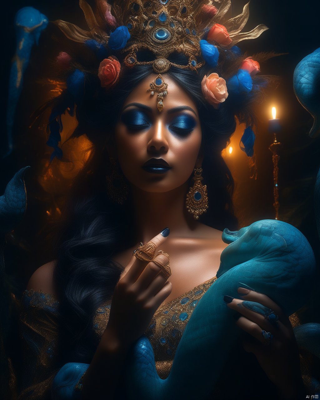 DarkMoodyAtmosphere,(KnollingPhotography:0.8),(Vishnu(毗湿奴) In Vaikuntha Vishnu the preserver reclines on the serpent Shesha With blue skin four arms holding a conch discus mace and lotus he preserves cosmic order His divine attire is resplendent with jewels:0.9),(muscular male:1.1),,,(backlighting:1.1),cinematic lighting,masterpiece,8k,super detail,Surrealism,award winning,anatomically correct,UHD,retina,masterpiece,ccurate,anatomically correct,super detail,award winning,best quality,high quality,(glass shiny (textured skin):0.2),high details,(back:0.5),realistic style,light and shadow,(photography:1.6),(realistic style:1.7),(burly:0.4),(reality:1.4),,,,(panoramic photo:0.9),(magic:1.8),(fantasy:0.5),(muscular:1.4),(well defined:1.2),warm color,easy,,,(clothing:1.6),dress appropriately,(wear accessories:1.5),(from_side:0.1),flat lay photography,object arrangment,knolling photography,, dramatic, mysterious, dark moody atmosphere
