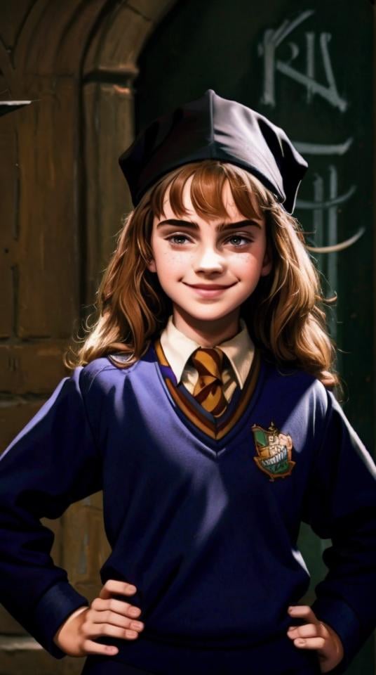 upperbody portreit of young teen, (happy: 1.5), hogwarts uniform,hogwartd background, frontal view <lora:ComicsEmmaWatson:0.9>