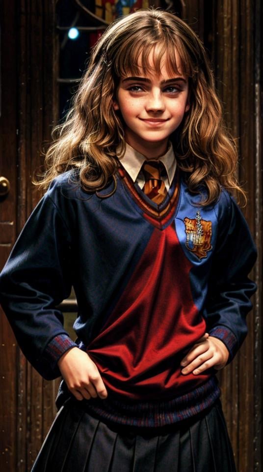 upperbody portreit of 18 years old teen, (happy: 1.5), hogwarts uniform,hogwartd background, frontal view <lora:ComicsEmmaWatson:0.9>