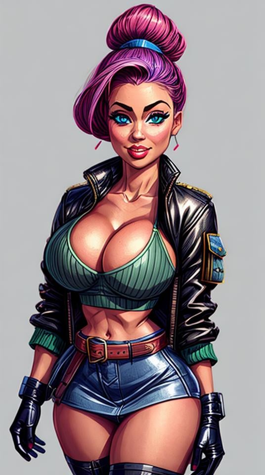 solo, large breasts, voluptuous, gloves, navel, jacket, crop top, boots, midriff, skirt, specular highlights, detailed face, detailed eyes, upper body, portrait <lora:PinArtDrawing:1>