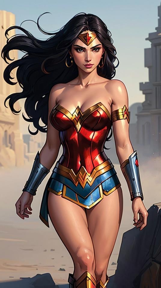 wonder woman, (pretty face:1.2), (finely detailed face and beautiful eyes), mature female, muscle, bare hands, (armlet, armored dress, bracer, head ring ), (black eyes, black long hair, messy hair, floating hair), (long proportional legs), (best quality:1.1),(clear background:1.2), dark_fantasy, wind, 35mm lens, f/1.4, 8K, ((masterpiece)), trending on Artstation, DeviantArt, Mucha, Rutkowski, artgerm