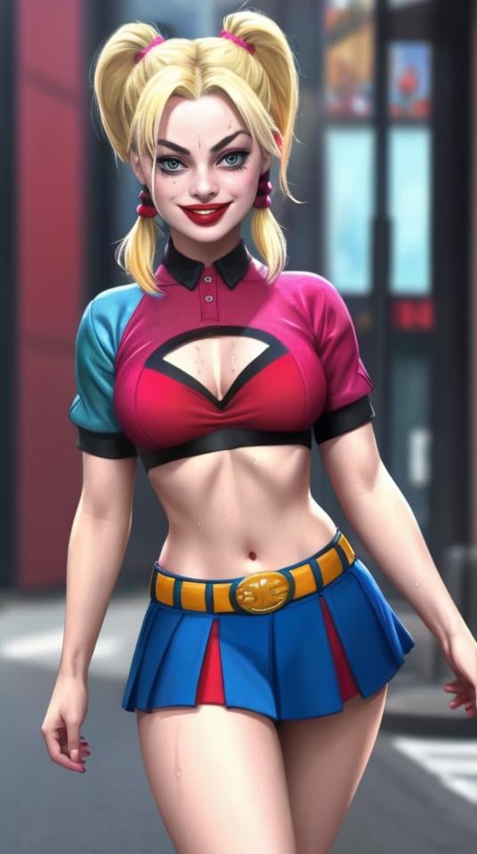 Photo of a (Margo Robbie as Harley Quinn) in the middle of the street, blonde with pink pigtails, young, miniskirt, smiling, (hdr:1.3), dramatic, complex background, cinematic, filmic, soaking wet, blurry, (poor quality photo: 1.4), blue and red superhero uniform, best quality, (detailed beautiful face, detail skin texture, photoshoot, realistic, (detailed beautiful face, detail skin texture, ultra-detailed body:1.1), , <lora:lit:0.2> <lyco:locon_margot_v1_from_v1_64_32:1>