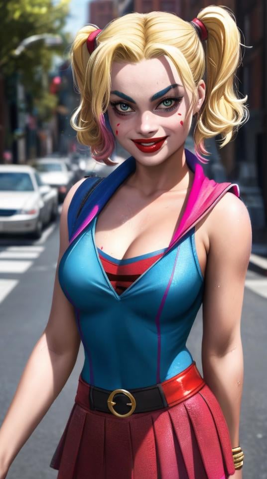 Photo of a (Margo Robbie as Harley Quinn) in the middle of the street, blonde with pink pigtails, young, miniskirt, smiling, (hdr:1.3), dramatic, complex background, cinematic, filmic, soaking wet, blurry, (poor quality photo: 1.4), blue and red superhero uniform, best quality, (detailed beautiful face, detail skin texture, photoshoot, realistic, (detailed beautiful face, detail skin texture, ultra-detailed body:1.1), , <lora:lit:0.2> <lyco:locon_margot_v1_from_v1_64_32:1>