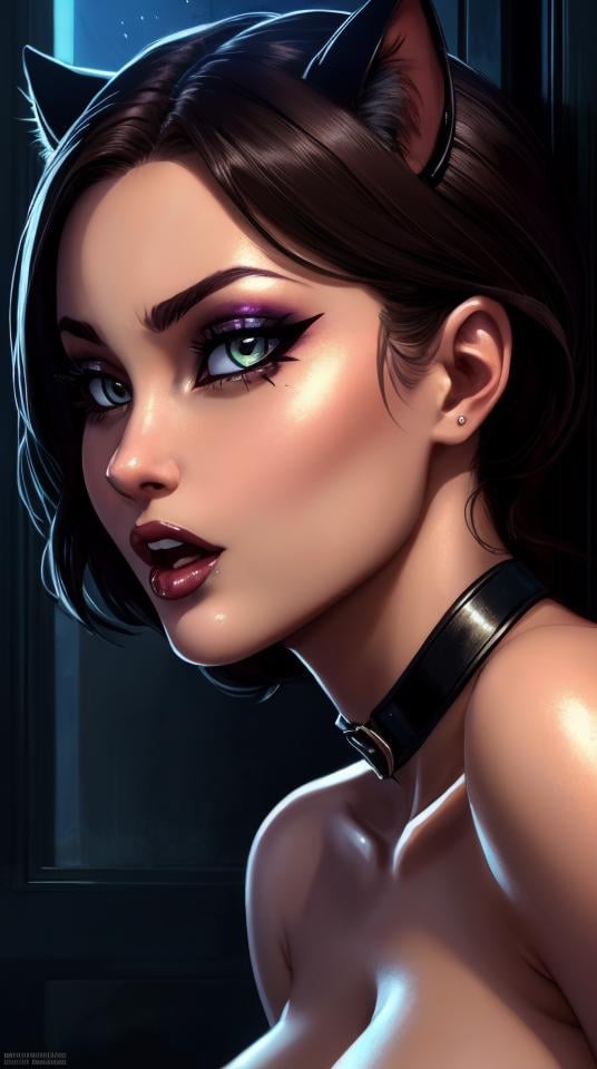 Closep photo portrait of Catwoman, (ahegao), frontal view, atmospheric scene, masterpiece, best quality, (detailed beautiful face, detail skin texture, ultra-detailed body:1.1),