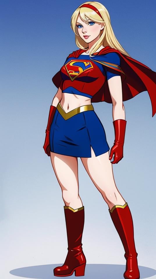 sexy Supergirl long blonde hair and blue eyes, black hairband, white croptop, short sleeves, red cape, blue pencil skirt, red boots, white gloves <lyco:locon_ellen_v1_from_v2_64_32:1>