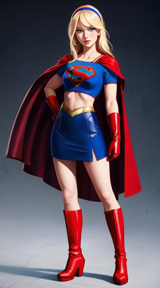 sexy Supergirl long blonde hair and blue eyes, black hairband, white croptop, short sleeves, red cape, blue pencil skirt, red boots, white gloves <lyco:locon_ellen_v1_from_v2_64_32:1>