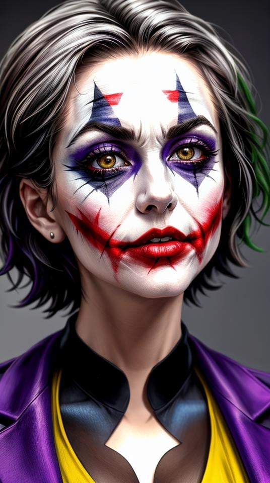 Closeup photo portrait of female Joker, atmospheric scene, masterpiece, best quality, (detailed beautiful face, detail skin texture, ultra-detailed body:1.1),