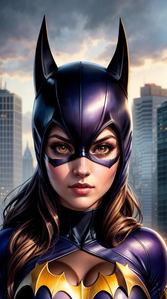 Closeup photo portrait of Batgirl, atmospheric scene, masterpiece, best quality, (detailed beautiful face, detail skin texture, ultra-detailed body:1.1),