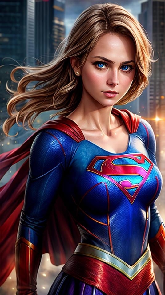 Closeup photo portrait of Supergirl, atmospheric scene, masterpiece, best quality, (detailed beautiful face, detail skin texture, ultra-detailed body:1.1),