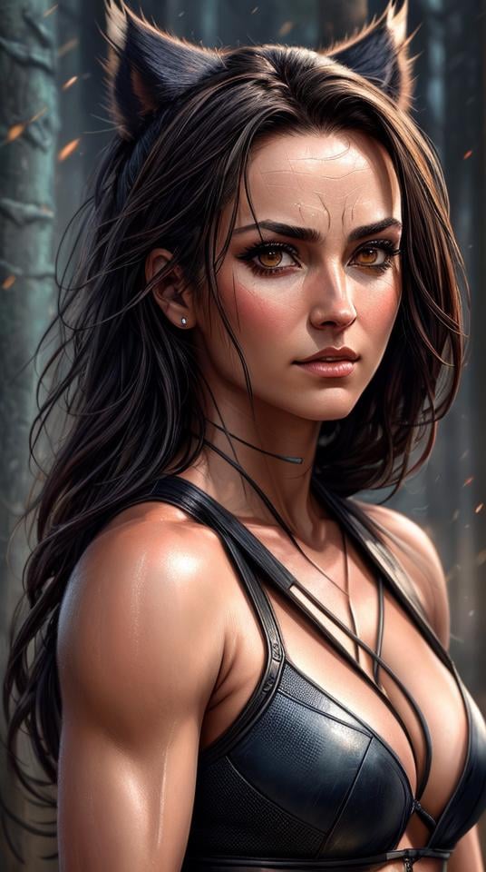 Closeup photo portrait of female Wolverine, atmospheric scene, masterpiece, best quality, (detailed beautiful face, detail skin texture, ultra-detailed body:1.1),