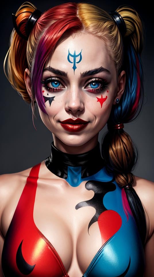 Closeup photo portrait of female Harley Quinn, atmospheric scene, masterpiece, best quality, (detailed beautiful face, detail skin texture, ultra-detailed body:1.1),