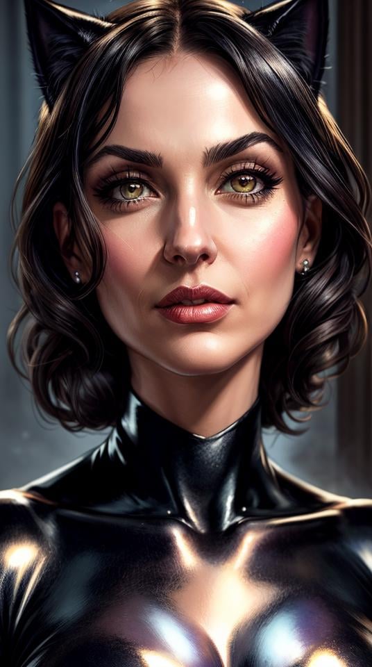 Closeup photo portrait of Catwoman, atmospheric scene, masterpiece, best quality, (detailed beautiful face, detail skin texture, ultra-detailed body:1.1),