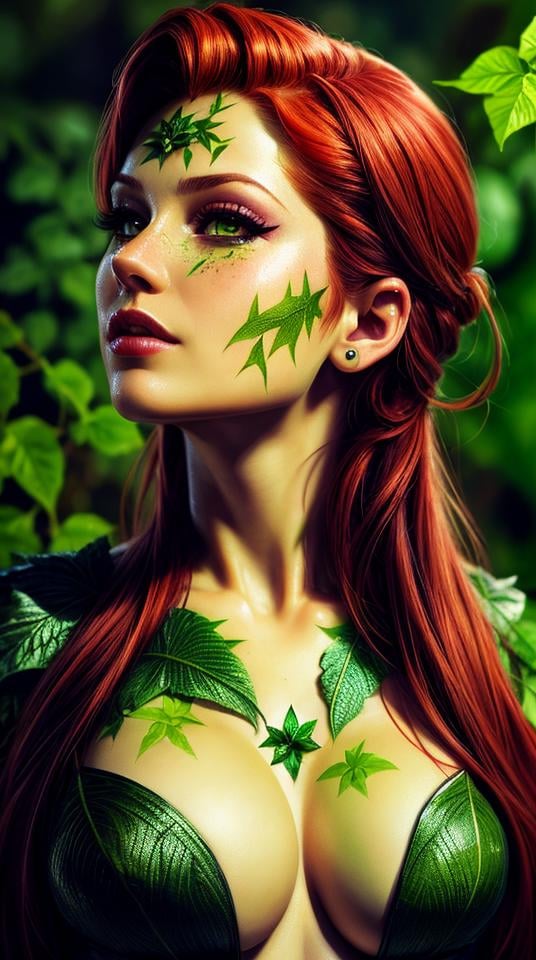 Closeup photo portrait of Poison Ivy, atmospheric scene, masterpiece, best quality, (detailed beautiful face, detail skin texture, ultra-detailed body:1.1),