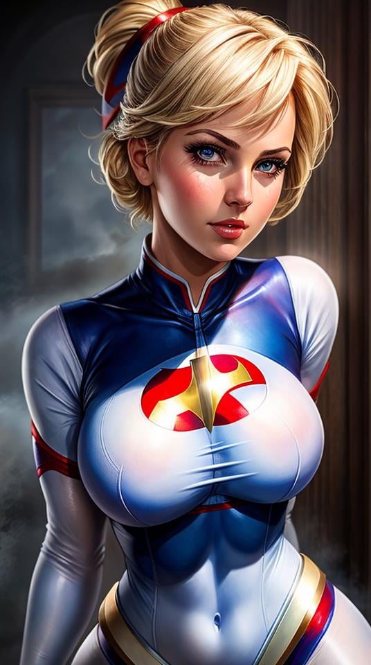 Closeup photo portrait of Powergirl, atmospheric scene, masterpiece, best quality, (detailed beautiful face, detail skin texture, ultra-detailed body:1.1),