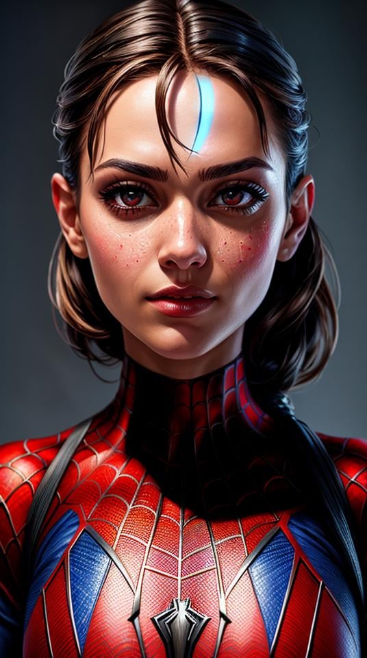 Closeup photo portrait of female Spiderman, atmospheric scene, masterpiece, best quality, (detailed beautiful face, detail skin texture, ultra-detailed body:1.1),