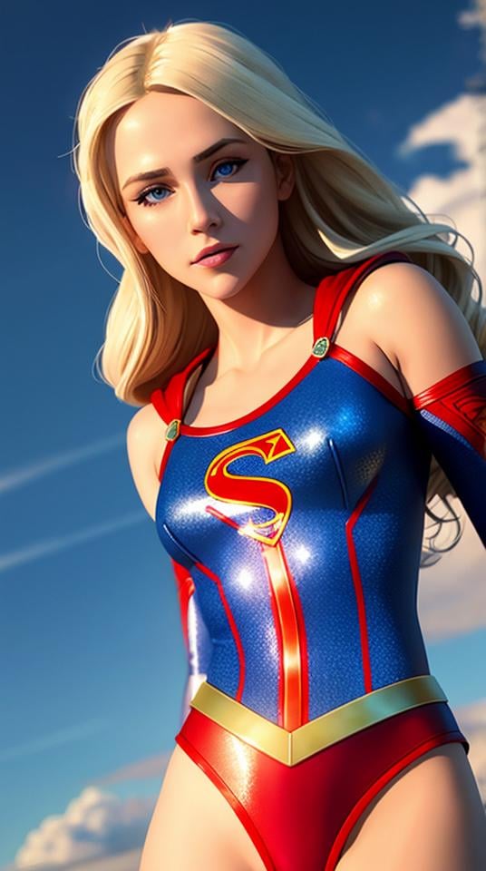 Closeup fullbody portrait of teeny Supergirl, blonde long hair flying in the skyes, intricate background, atmospheric scene, masterpiece, best quality, (detailed beautiful face, detail skin texture, ultra-detailed body:1.1), fantasy, feminine+, shiny wet skin, looking at viewer, modelshoot style, (extremely detailed CG), photo of beautiful artwork, High Detail, Sharp focus, dramatic+, (photorealistic), Intricate, handsome,