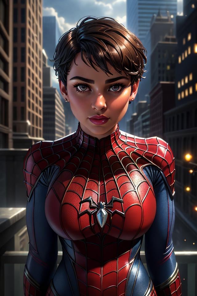 Thick layered papercut art of Closeup fullbody portrait of teeny female Spiderman, gnger short hair, city, intricate background, atmospheric scene, masterpiece, best quality, (detailed beautiful face, detail skin texture, ultra-detailed body:1.1), fantasy, feminine+, shiny wet skin, looking at viewer, modelshoot style, (extremely detailed CG), photo of beautiful artwork, High Detail, Sharp focus, dramatic+, (photorealistic), Intricate, handsome, . Deep 3D, volumetric, dimensional, depth, thick paper, high stack, heavy texture, tangible layers